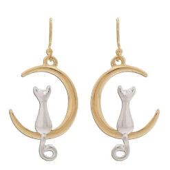 Rain Jewelry Cat In Crescent Moon Mixed Metal Earrings