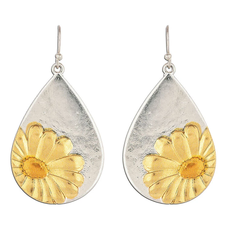 Rain Jewelry Gold Daisy On Silver Metal Teardrop Earrings 1 Rain Jewelry Gold Daisy On Silver Metal Teardrop Earrings