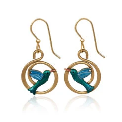 Silver Forest Hummingbird On Gold-Tone Coil Drop Earrings