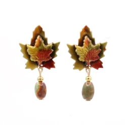 Silver Forest Layered Maple Leaves Post Earrings With Dangling Bead