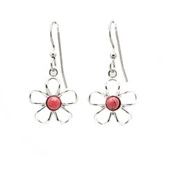 Silver Forest Open Flower With Pink Stone Silver Metal Drop Earrings