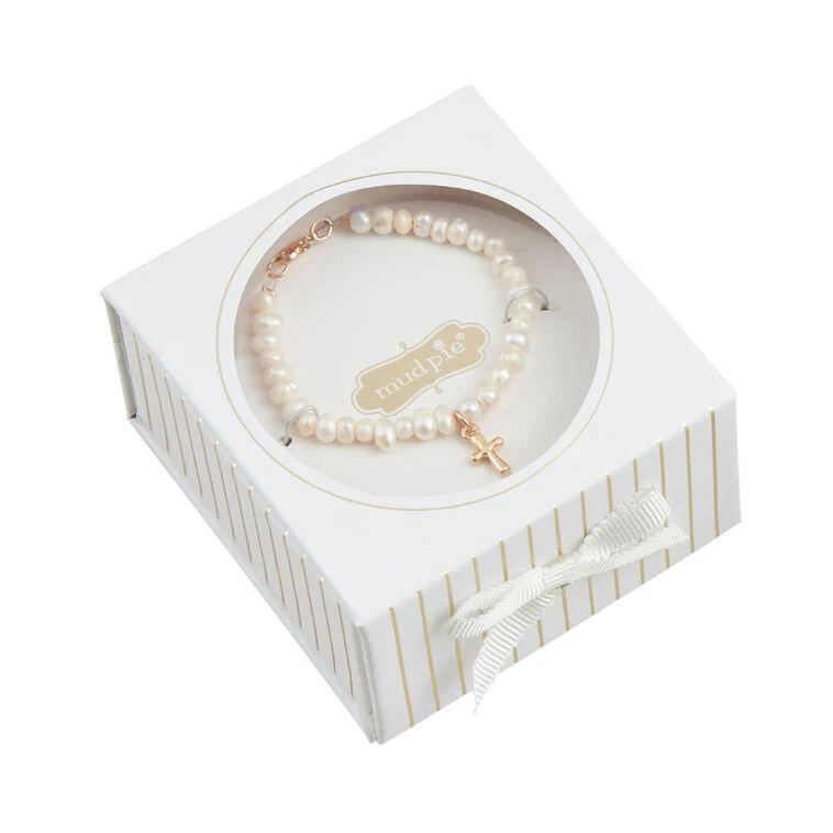 Mud Pie Gold Cross Pearl Bracelet For Toddler 2 Mud Pie Gold Cross Pearl Bracelet For Toddler - Image 2