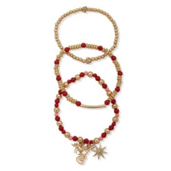 Hallmark X Opry® Pink, Red And Gold Beaded Bracelets With Charms, Set Of 3