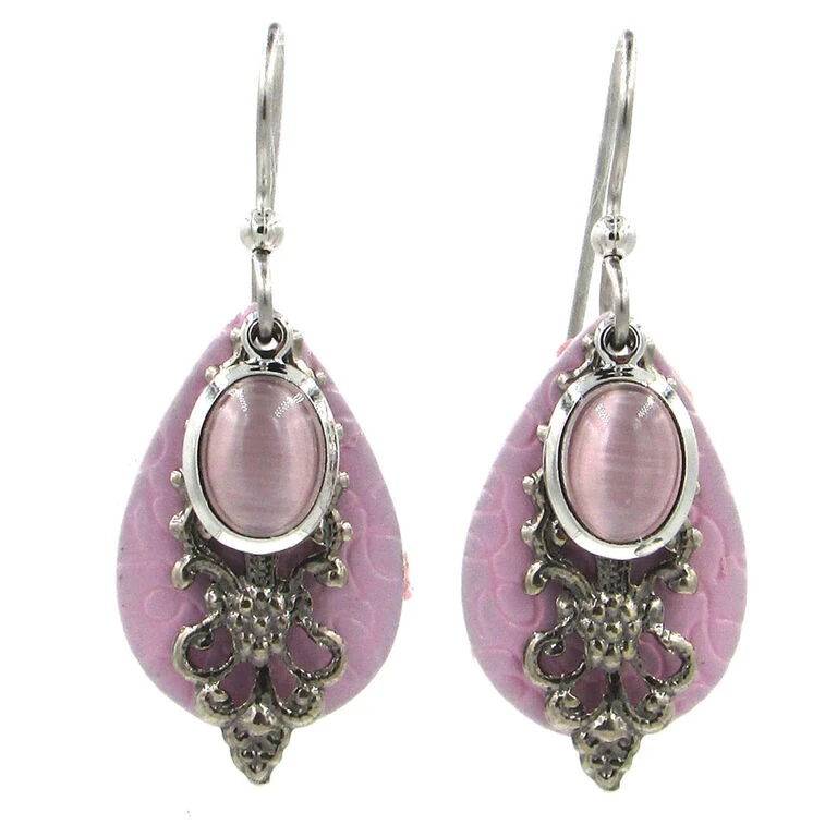 Pink Stone And Filigree Layered Metal Drop Earrings 1 Pink Stone And Filigree Layered Metal Drop Earrings