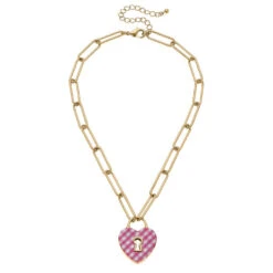 Monclér Pink And White Gingham Heart Padlock Necklace