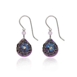Silver Forest Purple Teardrop With Silver-Tone Filigree Flower Layered Drop Earrings