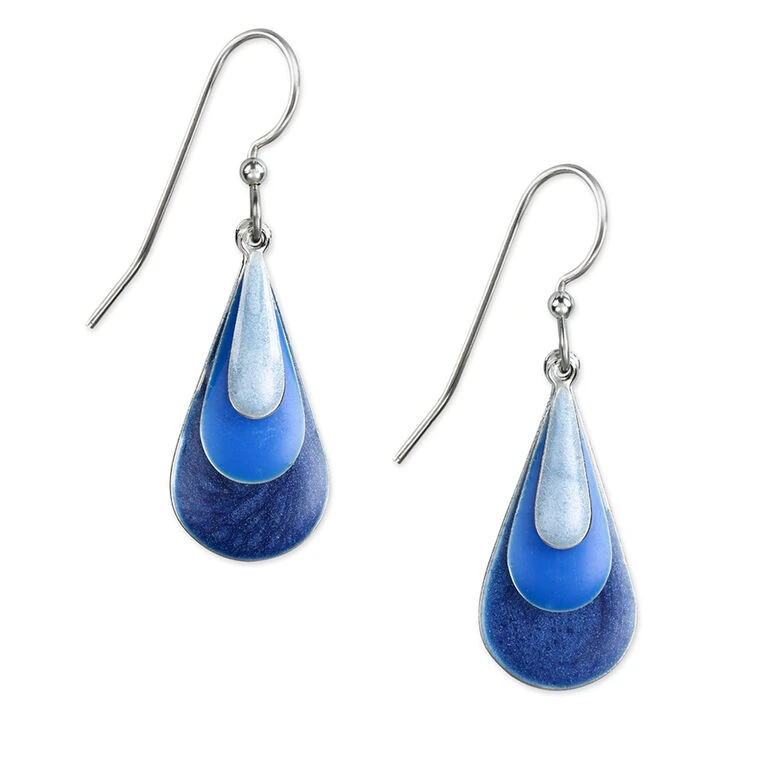 Silver Forest Blue Enamel Triple Teardrop Earrings 1 Silver Forest Blue Enamel Triple Teardrop Earrings