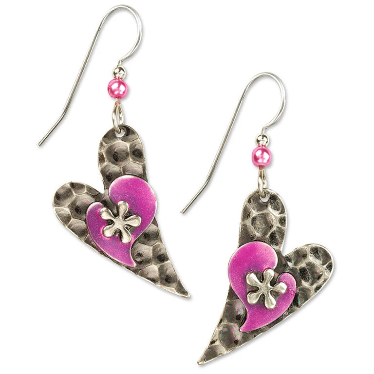 Silver And Pink Hearts Layered Metal Drop Earrings 1 Silver And Pink Hearts Layered Metal Drop Earrings
